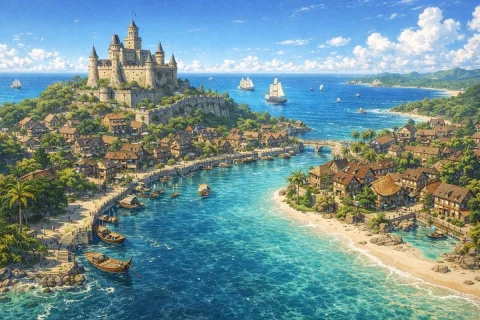 Fantasy Coastal City View — Nano Banana 2 AI Prompt: A breathtaking, panoramic view of a fantasy coastal city. The scene is dominated...