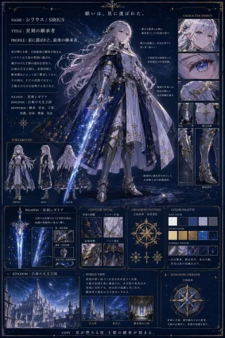 Fantasy Knight Design — Nano Banana 2 AI Prompt: { "type": "anime character reference sheet", "theme": "fantasy star knight,...