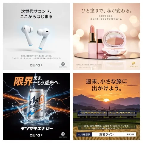 Japanese Advertising Concept Grid — Nano Banana 2 AI Prompt: { "type": "advertising concept board", "layout": { "style": "2x2 grid of...