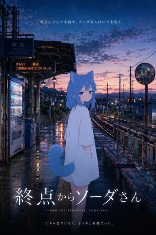 Anime Movie Poster at Twilight Station — Nano Banana 2 AI Prompt: A cinematic anime-style movie poster of a girl with light blue hair, animal ears...