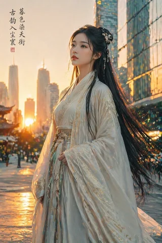 Classical Beauty — Nano Banana 2 AI Prompt: 青丝如瀑且乌黑柔顺的婉约佳人凝神伫立，眉眼间蕴着古典的含蓄气韵。月白织锦与缠枝暗...