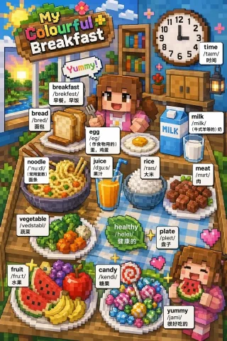 Bilingual Breakfast Vocabulary Poster — Nano Banana 2 AI Prompt: { "type": "educational vocabulary poster", "style": "isometric voxel 3D pixe...