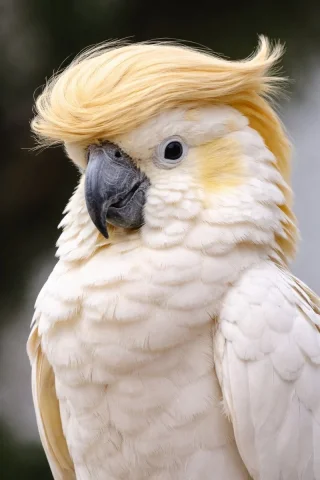 White Cockatoo with Side Part — Nano Banana 2 AI Prompt: A photorealistic close-up portrait of a white cockatoo featuring a highly unusua...