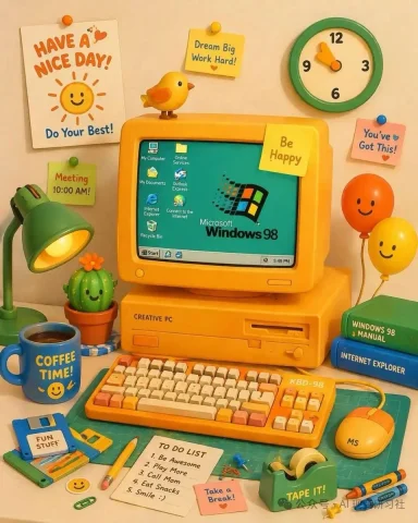 Retro Yellow Desktop Computer — Nano Banana 2 AI Prompt: A vibrant, cute 3D claymation-style illustration of a retro yellow desktop compu...