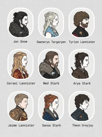 Game of Thrones Character Portrait Grid — Nano Banana 2 AI Prompt: { "type": "character portrait grid", "theme": "Game of Thrones characters",...