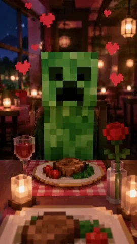Romantic Dinner Date — Nano Banana 2 AI Prompt: A first-person POV shot of a romantic dinner date with a Minecraft Creeper. The...