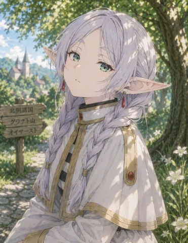 Anime Elf Girl on Forest Path — Nano Banana 2 AI Prompt: A high-quality anime illustration of an anime elf girl with silver twin braids a...