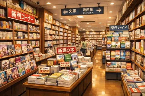 Japanese Bookstore Interior Design — Nano Banana 2 AI Prompt: A photorealistic interior view of a bustling Japanese bookstore. The scene is il...