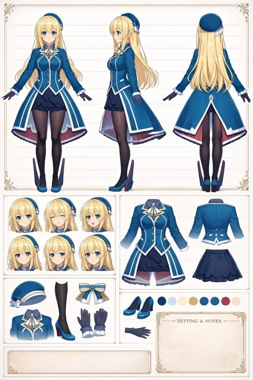 Blonde Girl Blue Military Dress Turnaround
