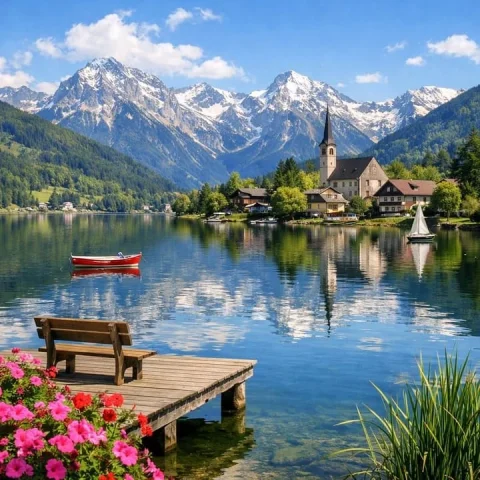 Alpine Lake Village — Nano Banana 2 AI Prompt: A breathtaking, hyper-realistic landscape of an alpine lake village. In the fore...