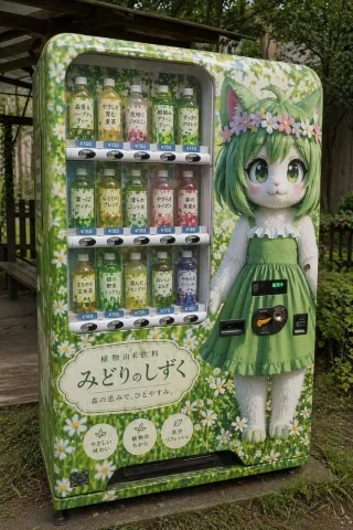 Custom Anime Vending Machine Design — Nano Banana 2 AI Prompt: { "type": "vending machine design", "setting": "outdoor park with green grass an...