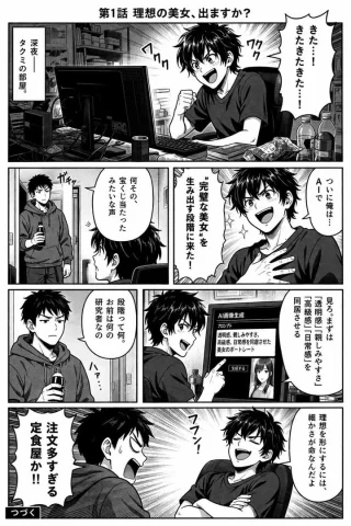 Ideal Beauty Generator — Nano Banana 2 AI Prompt: { "type": "comic page", "style": "black and white manga with screentones", "head...