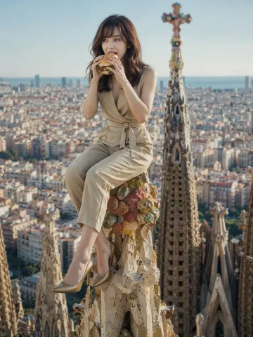 Surreal Landmark Dining Portrait — Nano Banana 2 AI Prompt: A photorealistic, high-quality image of a young Asian woman with long wavy brown...