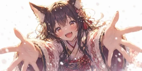 Anime-Style Fox Girl Hug — Nano Banana 2 AI Prompt: An anime-style illustration of a cute girl with fluffy dark brown fox ears and l...