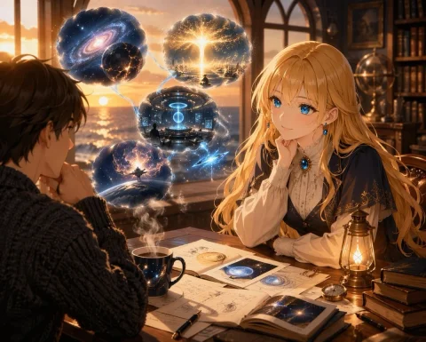 Anime Scholar with Cosmic Holograms — Nano Banana 2 AI Prompt: An anime illustration of two characters at a desk in a cozy study overlooking th...