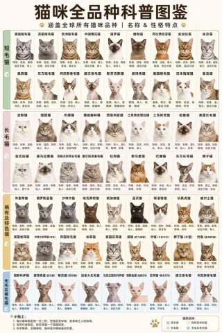 Cat Breed Encyclopedia — Nano Banana 2 AI Prompt: { "type": "infographic chart", "header": { "title": "猫咪全品种科普图鉴", "subti...