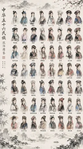 Illustrated Reference of 56 Ethnic Costumes — Nano Banana 2 AI Prompt: { "type": "illustrated reference chart", "art_style": "traditional Chinese ink w...