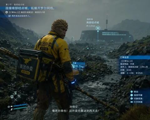 Cinematic Game UI Mockup — Nano Banana 2 AI Prompt: { "type": "video game screenshot mockup", "style": "cinematic, realistic 3D...