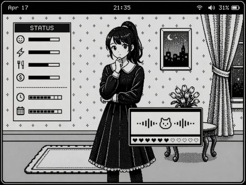 Retro Pixel Art UI Mockup — Nano Banana 2 AI Prompt: { "type": "retro monochrome pixel art visual novel interface", "style": "1-b...