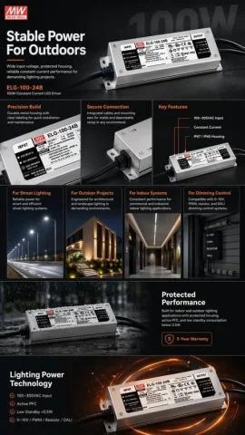 E-commerce LED Driver Infographic — Nano Banana 2 AI Prompt: { "type": "e-commerce product infographic", "theme": "dark mode with orange acce...