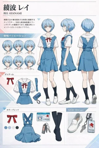 Rei Ayanami School Uniform Sheet — Nano Banana 2 AI Prompt: { "type": "anime character reference sheet", "character": { "name_japanese": "綾...
