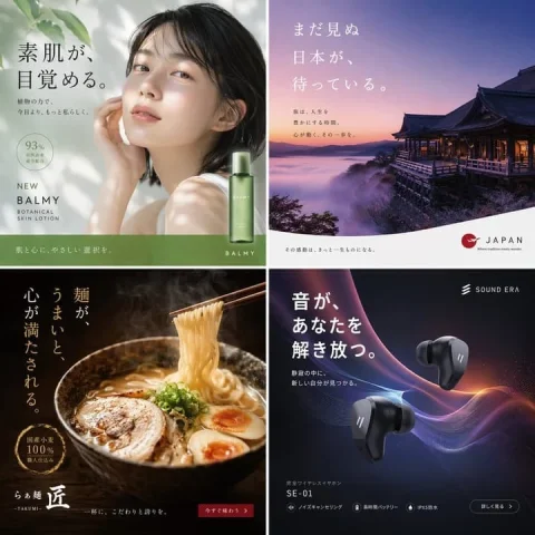 Advertisement Poster Collection — Nano Banana 2 AI Prompt: { "type": "advertisement poster collection", "layout": "2x2 grid", "panels": [ {...