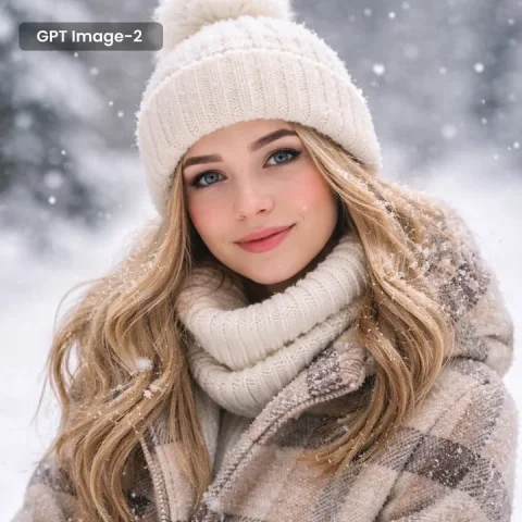 Winter Portrait — Nano Banana 2 AI Prompt: A photorealistic close-up portrait of a beautiful young woman with long wavy blo...