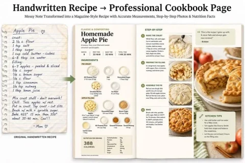 Professional Recipe Layout Generator — Nano Banana 2 AI Prompt: Handwritten Recipe → Professional Cookbook Page Upload a messy handwritten famil...