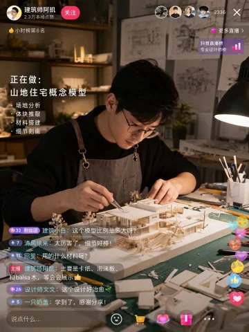 Architect Live Stream Interface — Nano Banana 2 AI Prompt: { "type": "live stream interface mockup", "scene": { "subject": "young Asian mal...