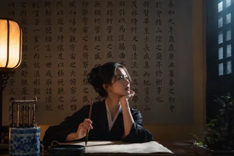 Cinematic Calligraphy Portrait — Nano Banana 2 AI Prompt: A highly realistic, cinematic photograph of a young Asian woman wearing traditio...