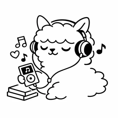 Cute Music Animal Illustration — Nano Banana 2 AI Prompt: A black and white line art illustration of a cute fluffy alpaca wearing over-ear...