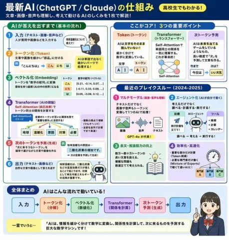 Latest AI Mechanism Infographic — Nano Banana 2 AI Prompt: { "type": "educational infographic", "header": { "title": "最新AI (ChatGPT / Cla...