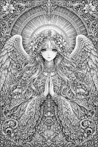 Intricate Monochrome Angel Art — Nano Banana 2 AI Prompt: A highly detailed, intricate black and white line art illustration of an anime-s...