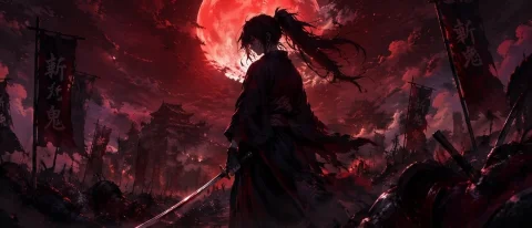 Dark Fantasy Samurai Battlefield — Nano Banana 2 AI Prompt: A dark fantasy anime illustration of a lone swordsman on a desolate battlefield...