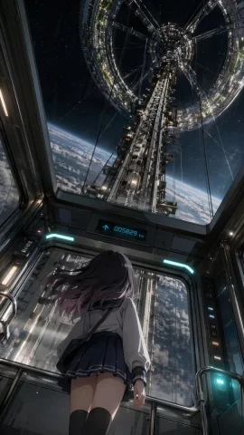 Anime Girl in Space Elevator — Nano Banana 2 AI Prompt: A high-angle, anime-style illustration of a girl with long dark hair with purple...