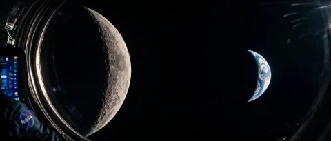 Moon and Earth — Nano Banana 2 AI Prompt: A cinematic, photorealistic wide-angle shot from inside a spacecraft looking out...