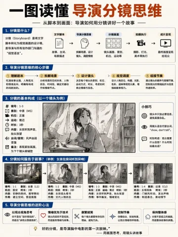 Director's Storyboarding Infographic — Nano Banana 2 AI Prompt: { "type": "educational infographic poster", "header": { "title": "一图读...