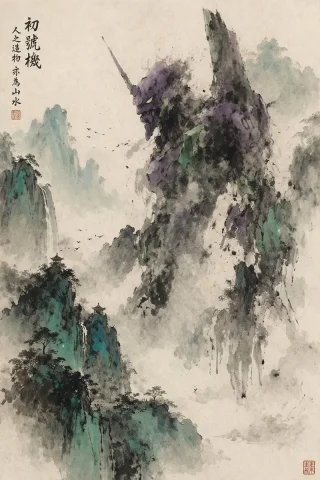 Ink Wash Mecha Landscape — Nano Banana 2 AI Prompt: A traditional Chinese ink wash landscape painting featuring a giant mecha integr...