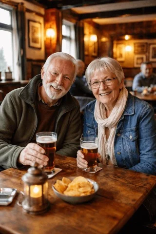 Couple Portrait in a Bar — Nano Banana 2 AI Prompt: Using REFERENCE_0, transform the older couple so they are both looking directly...