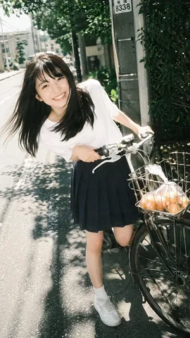 Girl Riding Bicycle — Nano Banana 2 AI Prompt: A vintage film photography portrait of a young Asian woman smiling broadly at th...