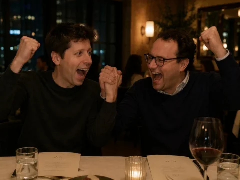 Two Men Celebrating — Nano Banana 2 AI Prompt: A candid, warm-toned photograph of two men sitting at a table in a dimly lit ups...