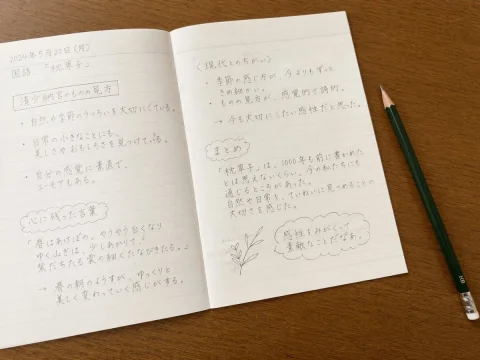 Handwritten Japanese Study Notes — Nano Banana 2 AI Prompt: A top-down photorealistic image of an open lined notebook resting on a smooth wo...