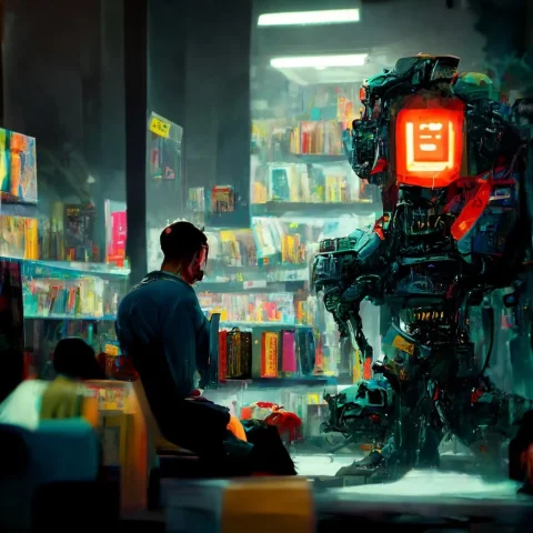 Encounter in Cyberpunk Store — Nano Banana 2 AI Prompt: A cinematic digital painting of a cyberpunk store. On the left, a person in dark...