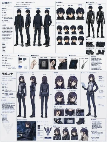 Dual Sci-Fi Character Reference Sheet — Nano Banana 2 AI Prompt: { "type": "dual character reference sheet", "theme": "sci-fi mecha pilot and...