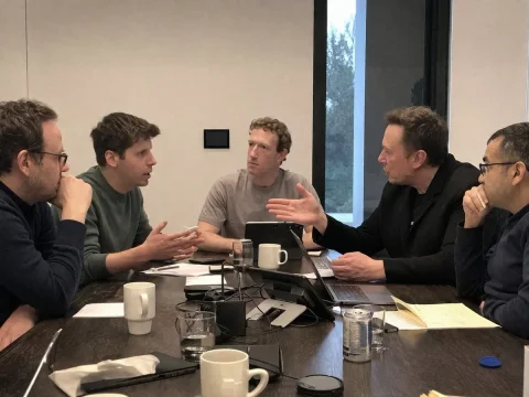 Tech Company CEO Meeting — Nano Banana 2 AI Prompt: A candid, realistic smartphone photo of five men having an intense discussion ar...