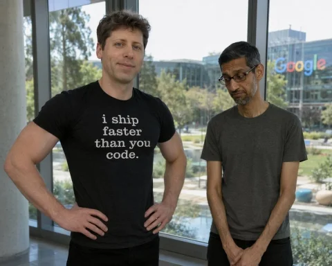 CEO Showdown — Nano Banana 2 AI Prompt: A photorealistic image of Sam Altman standing confidently on the left with his h...