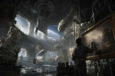 Space Museum — Nano Banana 2 AI Prompt: A cinematic sci-fi illustration of a vast, ornate space station museum orbiting...