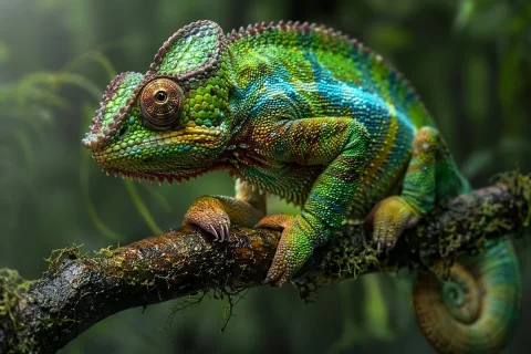 Chameleon Macro Photography — Nano Banana 2 AI Prompt: A hyper-realistic macro photograph of a vibrant chameleon resting on a mossy bra...