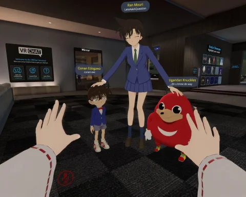 VRChat Screenshot — Nano Banana 2 AI Prompt: A first-person POV screenshot inside a VRChat lobby featuring a dark checkered f...