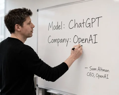 Writing in a Modern Office — Nano Banana 2 AI Prompt: A photorealistic corporate photograph of a man resembling Sam Altman wearing a b...